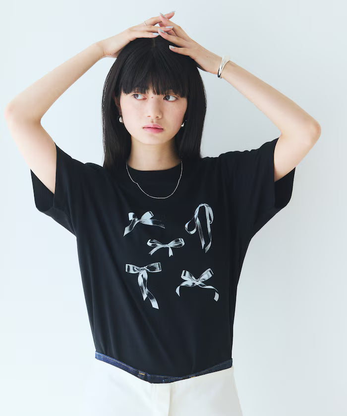 Comfortable Ribbon Print Crew Neck T-shirt - Black