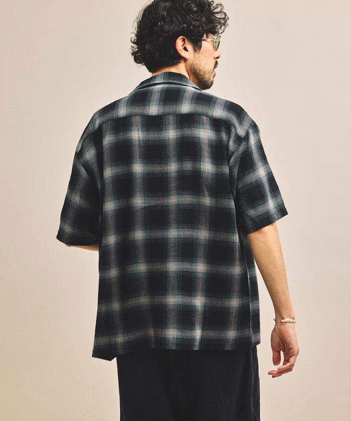 Dyed Ombre Check Open Collar Short Sleeve Sheer Shirt Relaxed Fit