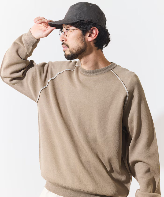Cool Touch W Face Color Block Crew Neck Knit - Beige
