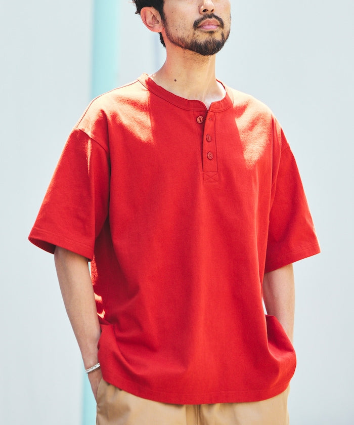 HEAVY WEIGHT/Heavy Weight Short Sleeve Henley Neck T-shirt/10.5 oz - Red