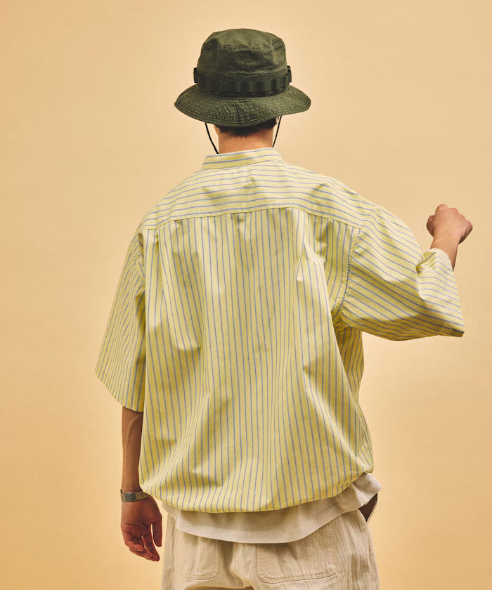 Typewriter Spindle Band Collar Stripe Short Sleeve Shirt