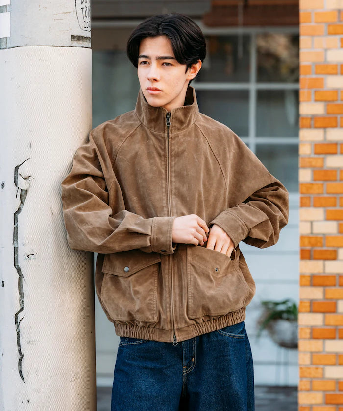 Washed processed leather red stand collar zip-up short blouson