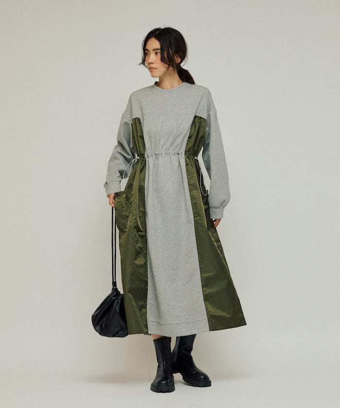 Mixed Material Docking Gathered Dunbar Sweat One-Piece / Spindle