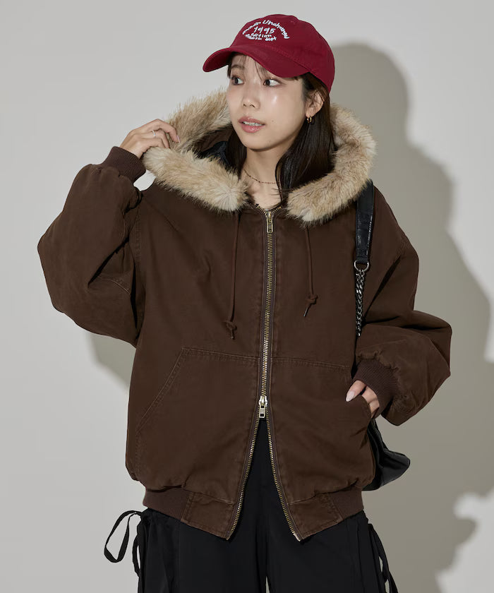 2way fake fur zip-up padded hooded jacket with detachable fur