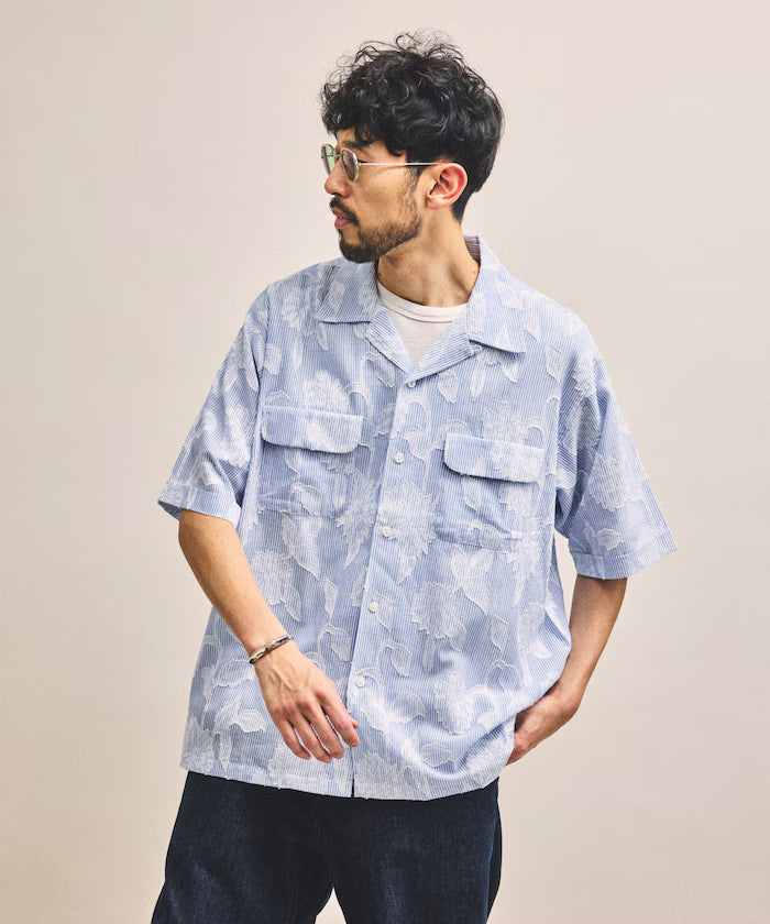 India-made Relaxed Fit Cut Jacquard Stripe Open Collar Short Sleeve Shirt