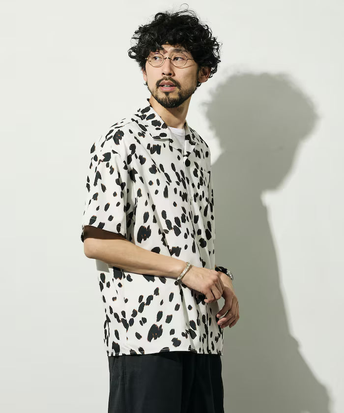 Open collar pattern short sleeve shirt / all-over design open collar shirt / compatible with set-up