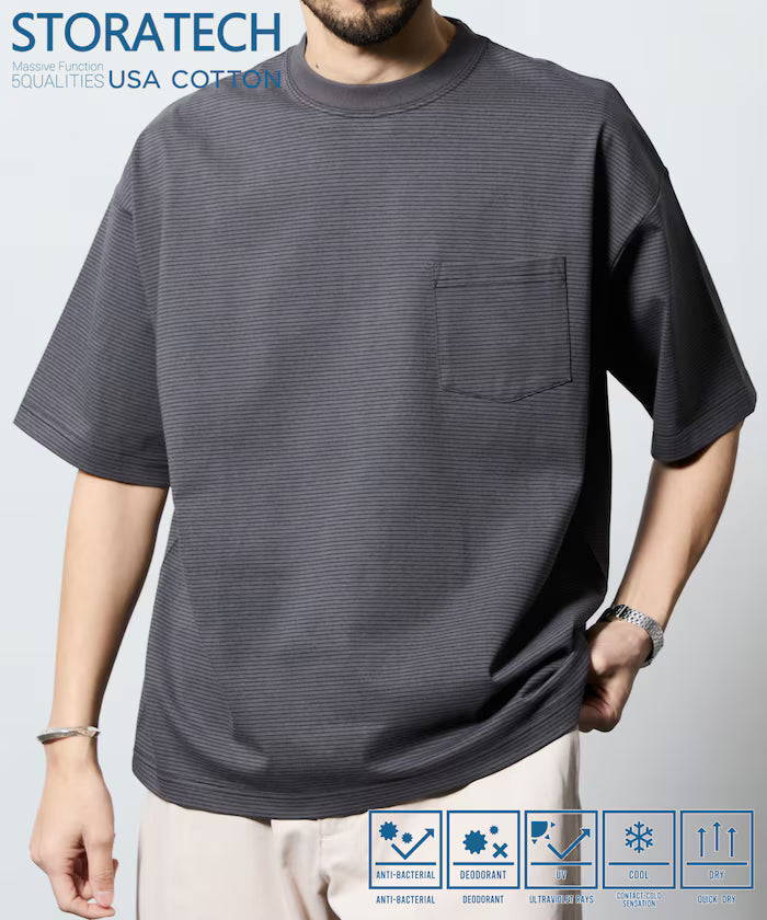 STORATECH/Wide Silhouette Crew Neck T-Shirt/Antibacterial/Odor Resistant/Antimicrobial/UV Cut/Contact Cooling/Water Absorbent and Quick Drying 【Limited Edition】 - Charcoal Stripe