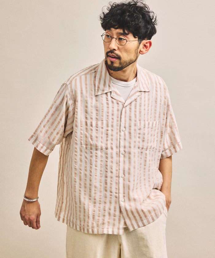 Indian-made Relaxed Fit Wide Stripe Sheer Sucker Open Collar Short Sleeve Shirt