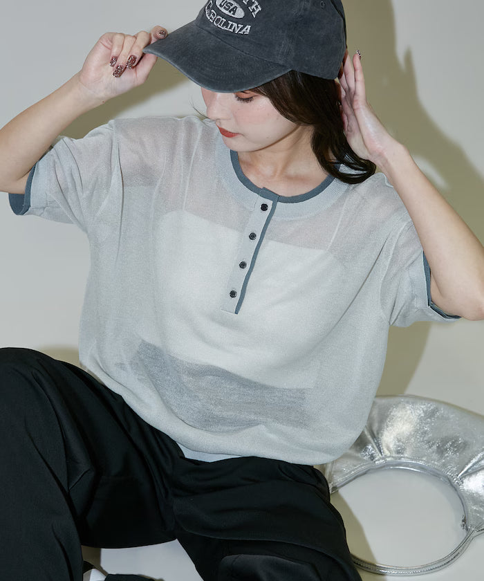 Washable linen color block henley neck knit top limited release