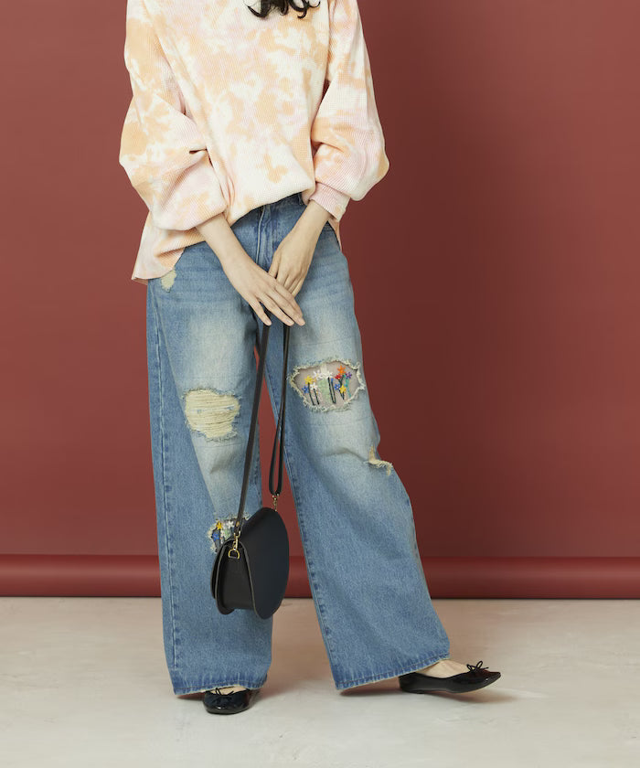 Flower Embroidery Wide Denim