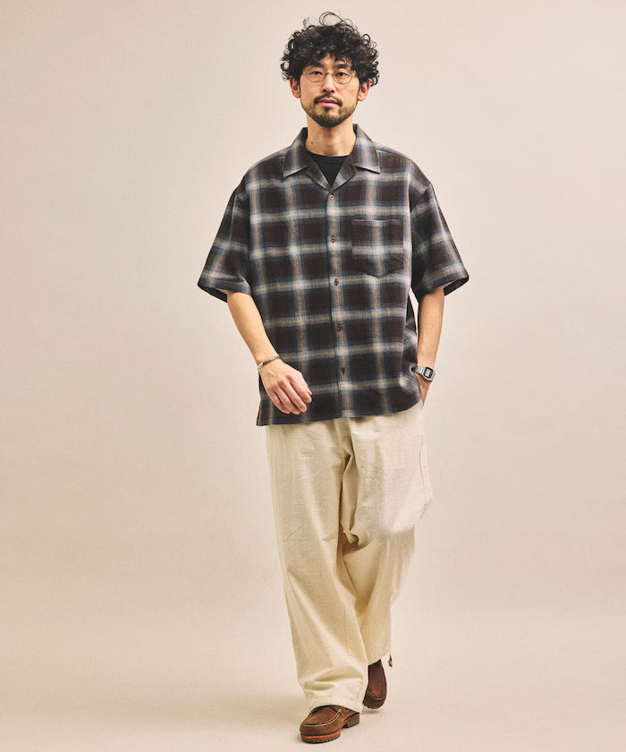 Dyed Ombre Check Open Collar Short Sleeve Sheer Shirt Relaxed Fit