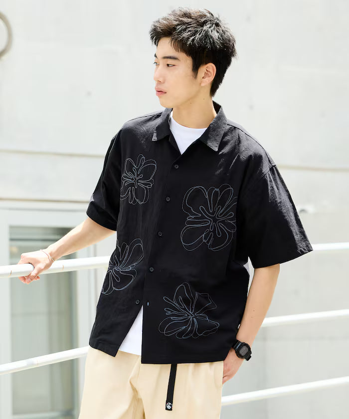 Relaxed Fit Flower Embroidered Short Sleeve Open Collar Shirt [Limited Edition]