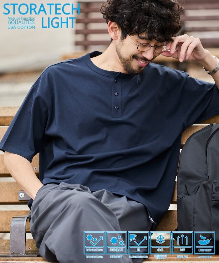 STORATECH/Stratech Lightweight Henley Neck T-Shirt/Antibacterial/Odor Resistant/Antimicrobial/UV Cut/Contact Cooling/Dry Fast 【Limited Edition】 - Navy