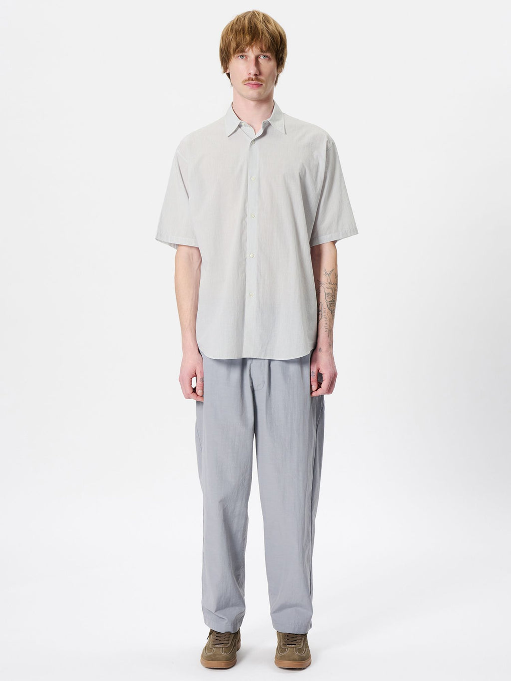 Fine Cotton Sheer Seersucker Striped Short Sleeve Shirt (Unisex)