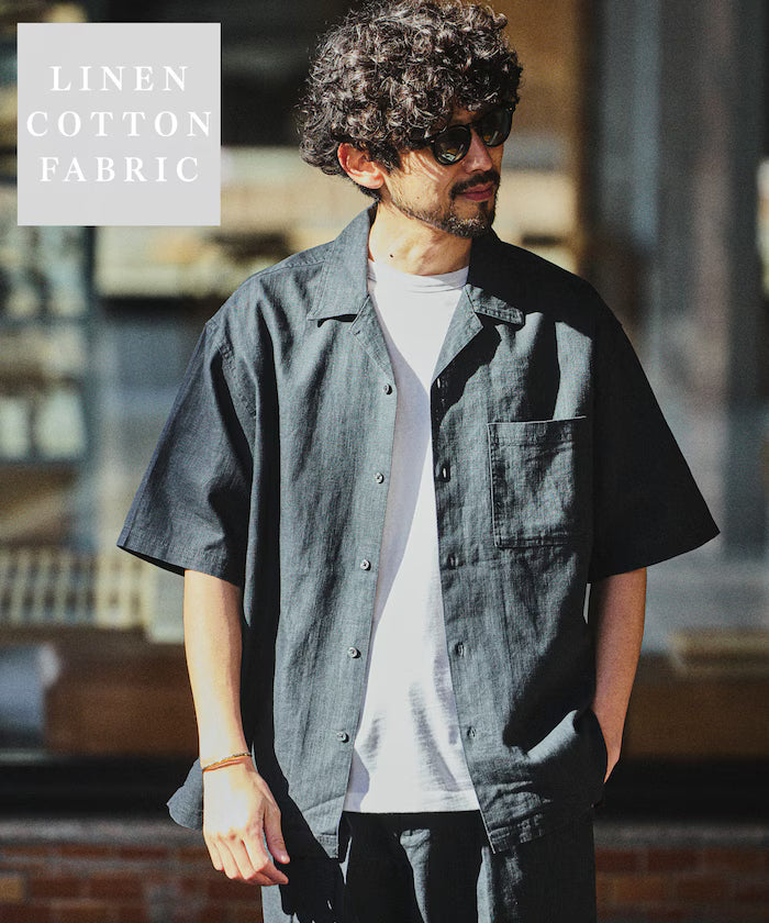 LINEN COTTON OPEN COLLAR SS SHIRT - Charcoal Gray