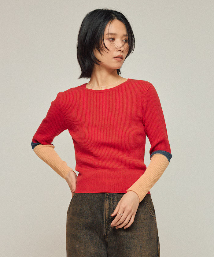 Functional material silk blend color block knit pullover / anti-pill / machine washable - Red