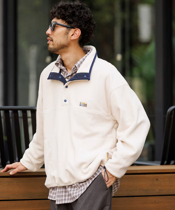 Big Silhouette One Point Logo Fleece Snap Button Spindle Pullover - Natural