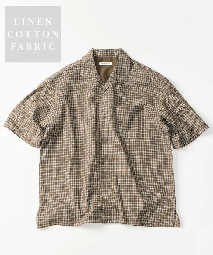 LINEN COTTON OPEN COLLAR SS SHIRT - Dark Brown