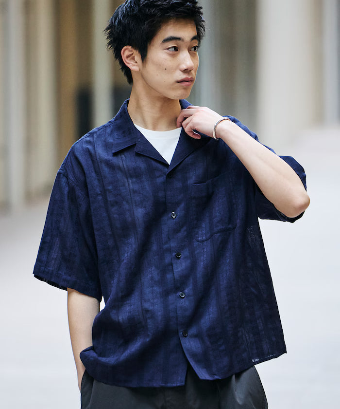 Relaxed Fit Allover Jacquard Open Collar Shirt [Limited Edition] - Navy