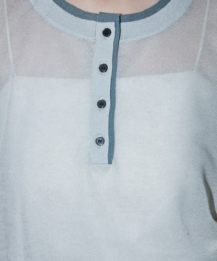 Washable linen color block henley neck knit top limited release