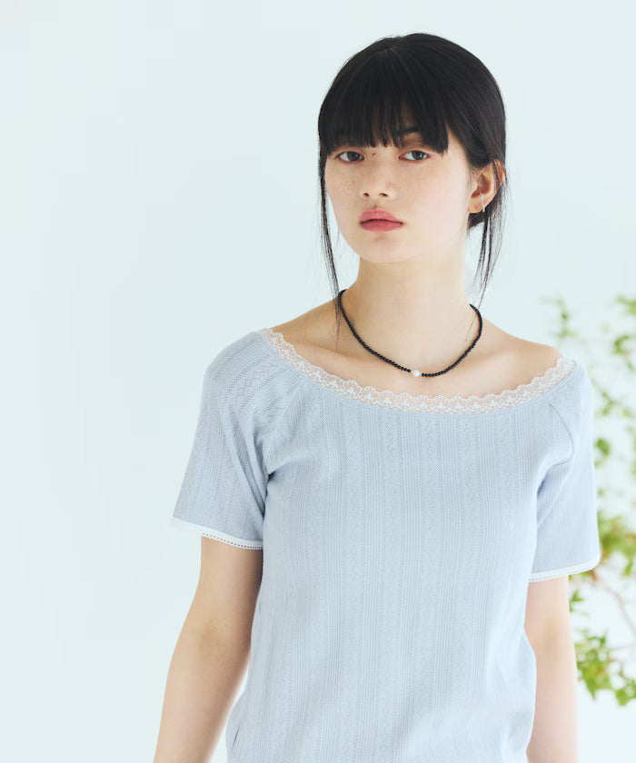 Boat Neck Pullover Knit Lace T-Shirt
