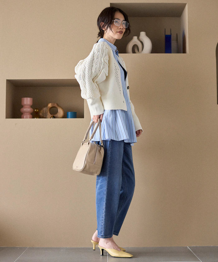 Variation Button Volume Sleeve Cable Knit Cardigan