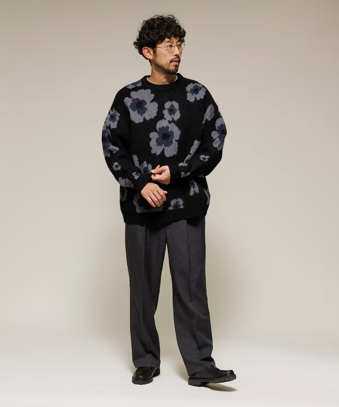 All-over Pattern Double Jacquard Knit Crew Neck Pullover / Relaxed Fit