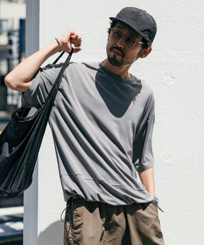 Functional Material Poncho Adjuster T-Shirt / Short Sleeve T-Shirt with Drawcord / Contact Cooling / UV Cut / Quick Dry