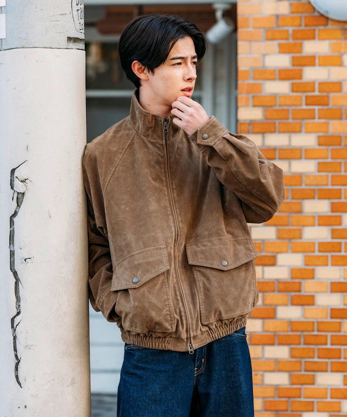 Washed processed leather red stand collar zip-up short blouson