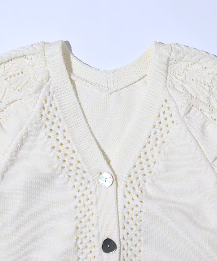 Variation Button Volume Sleeve Cable Knit Cardigan