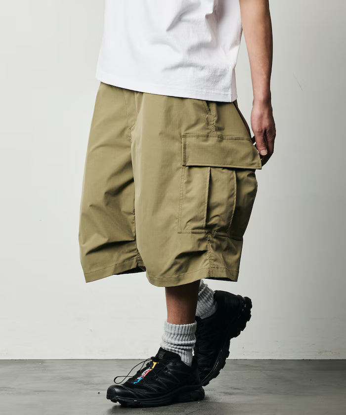 Quick Dry Fabric Wide Silhouette Poly Rip Cross Short Cargo Pants/UV Cut/Quick Dry 【Limited Release】 - Beige