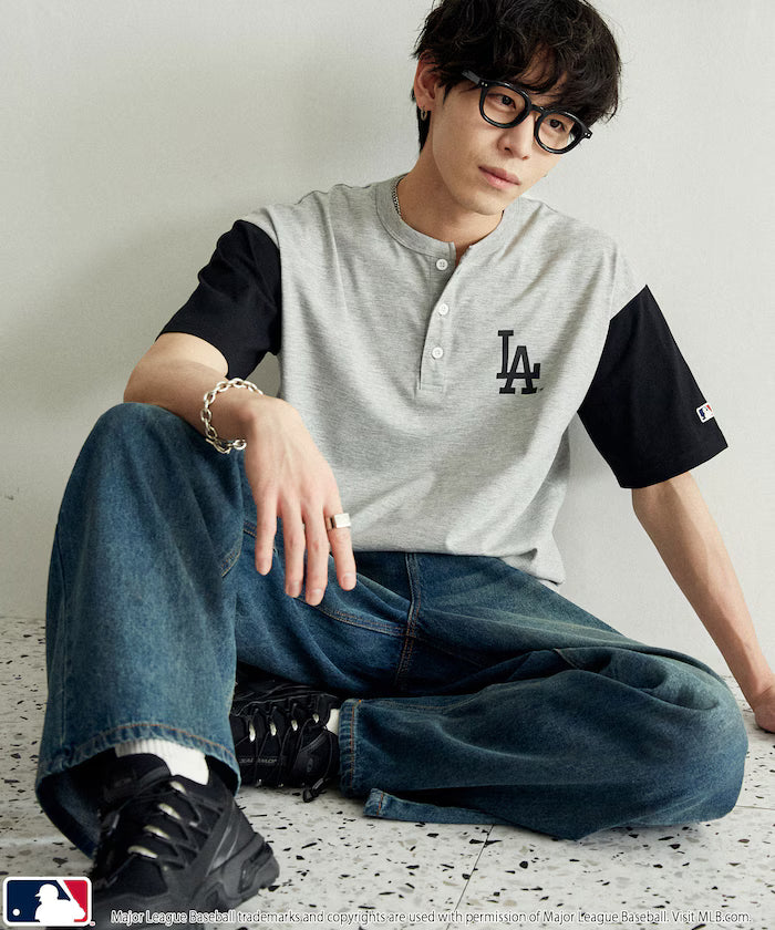 Limited Edition Custom MLB Logo Print Henley Neck Oversized T-Shirt