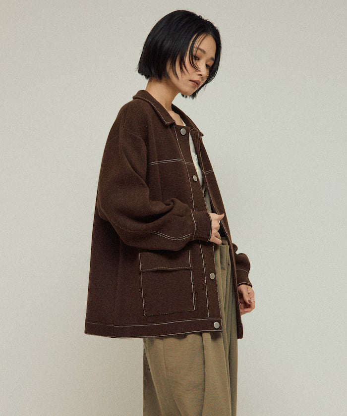 Oversized Wool Blend Knit Coverall / Color Stitch Knit Jacket