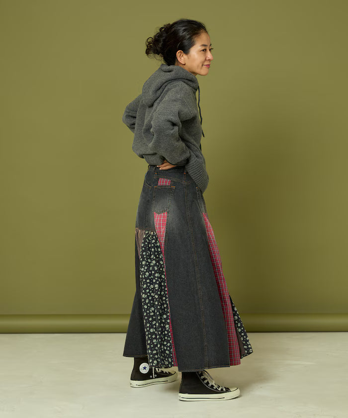 Side Front Denim Color Block Flared Skirt