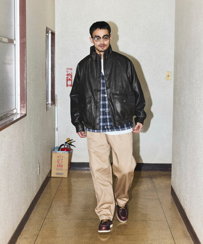 Washed processed leather red stand collar zip-up short blouson