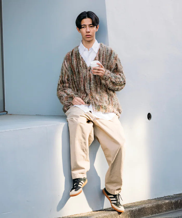 Relaxed Fit Shaggy Knit Multi-Stripe Cardigan