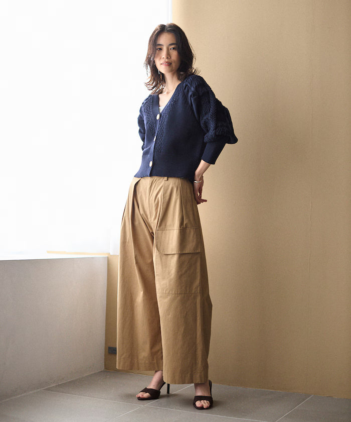 Variation Button Volume Sleeve Cable Knit Cardigan