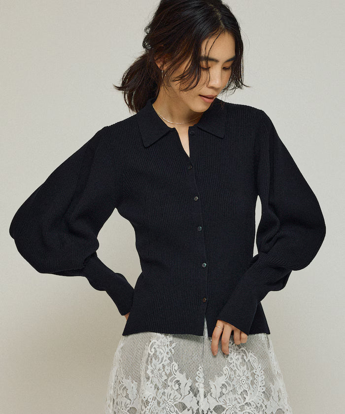 Functional material silk blend knit polo volume sleeve knit cardigan / anti-pill / machine washable - Black