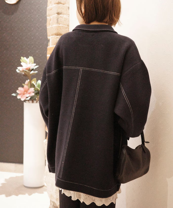 Oversized Wool Blend Knit Coverall / Color Stitch Knit Jacket