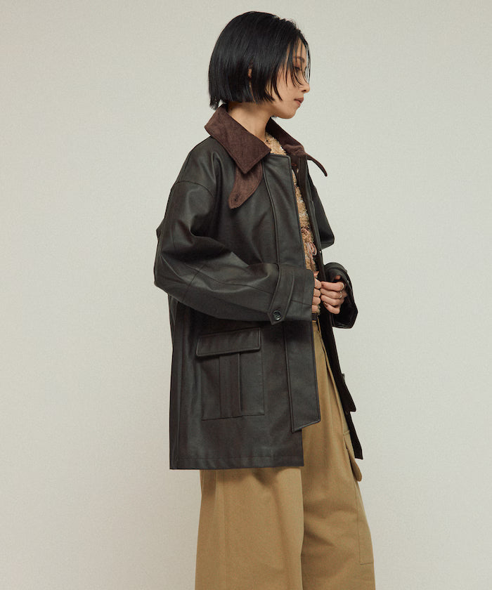 Oversized Crush Leatherette Jacket / Collar Corduroy