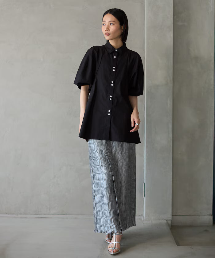Switching Design Balloon Sleeve Shirt / 5-Minute Sleeve Blouse