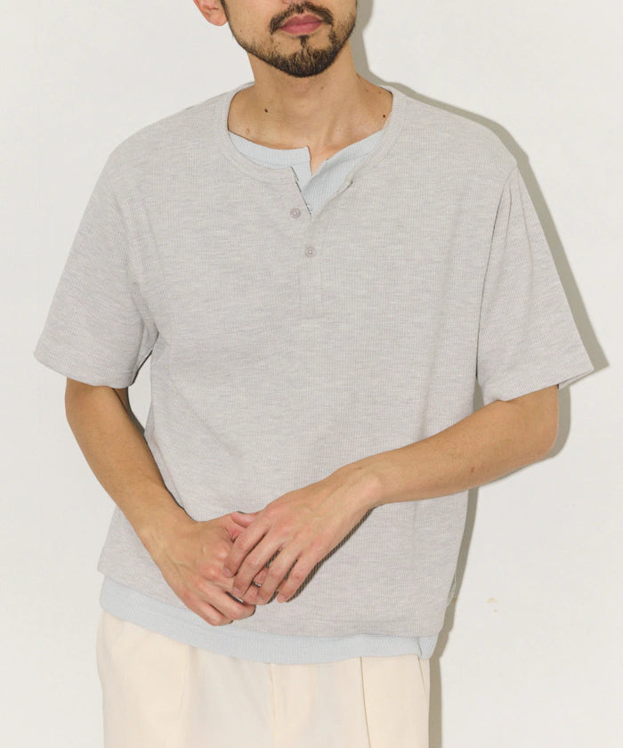 Waffle Fake Layered Henry Neck T-Shirt