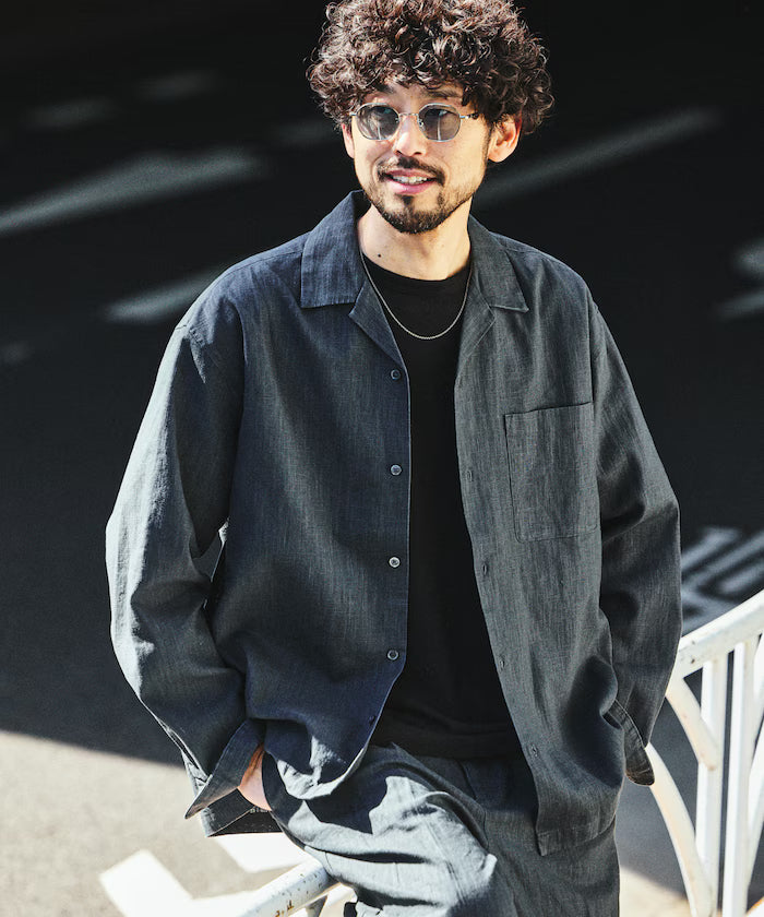 LINEN COTTON OPEN COLLAR SHIRT【Compatible with setups】