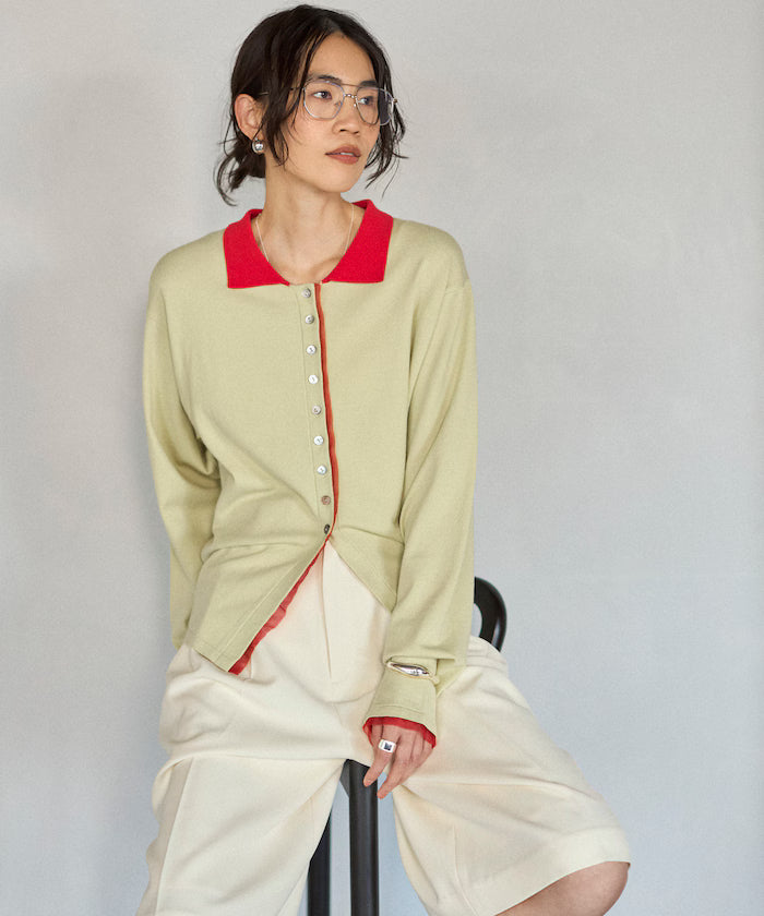 Color Design Fake Layered Long Sleeve Polo Knit Cardigan - Blue Green