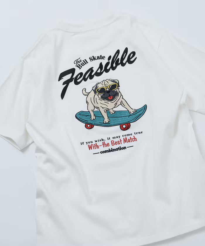 Relaxed Fit Back Embroidery Design Crew Neck T-Shirt / Dog 【Limited Edition】 - White