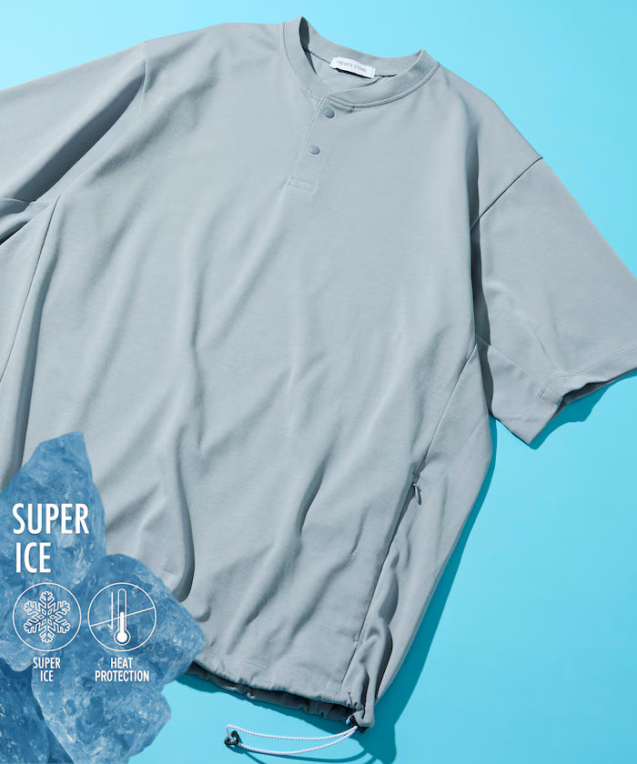 SUPER ICE / Super Ice Henry Neck Spindle T-Shirt Contact Cold Sensation / Quick Drying / UV Cut - Sax Blue