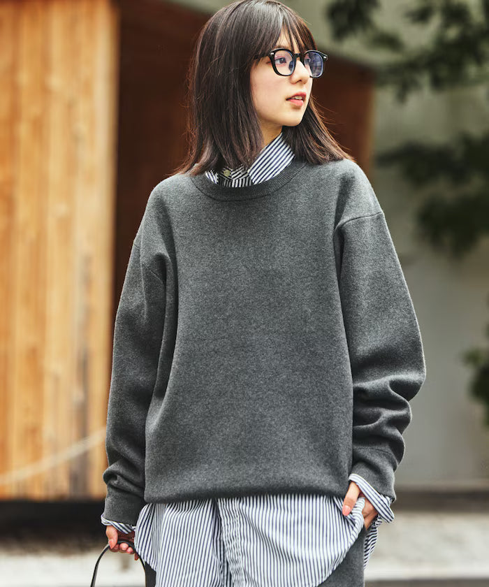 Sweat-like Crew Neck Knit - Charcoal Gray