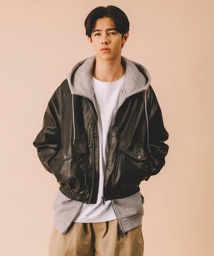 Washed processed leather red stand collar zip-up short blouson