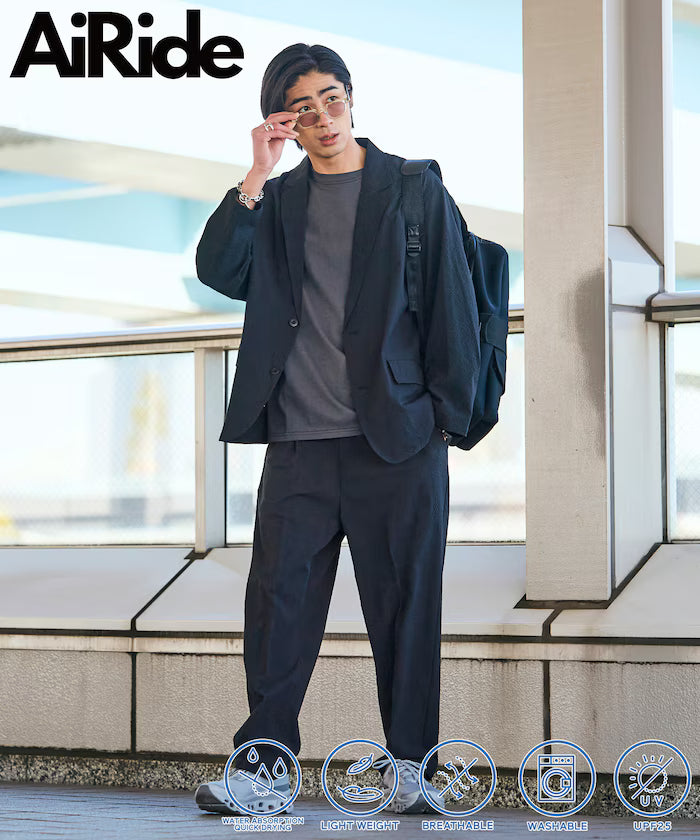 AiRide/AiRide Relax Fit Seersucker Setup/Tailored Jacket/Wide Slacks/Quick Dry/UV Cut 【Limited Release】 - Black