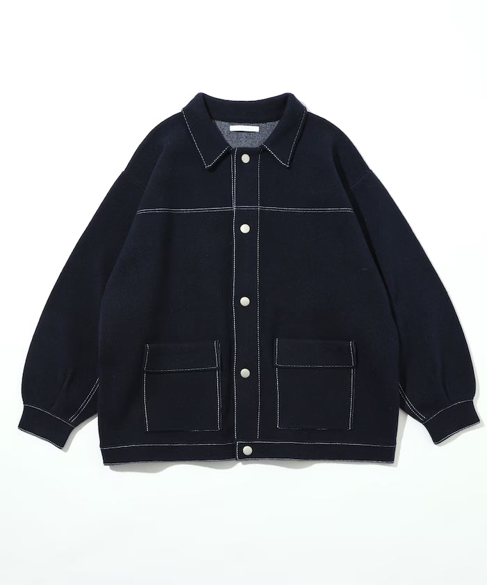 Oversized Wool Blend Knit Coverall / Color Stitch Knit Jacket